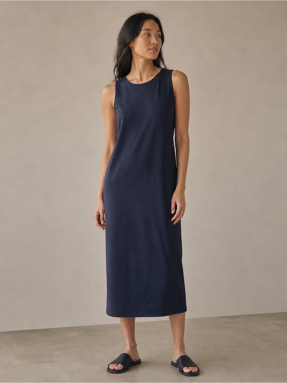 Eileen Fisher Tencel Navy Comfort Minimalist Midi Dress Size Large